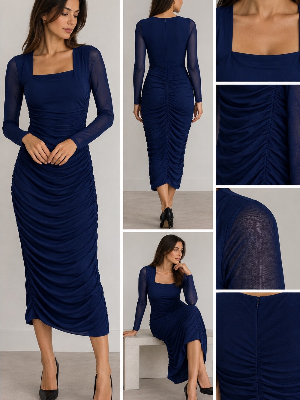 Navy Ruched Mesh-Sleeve Midi Dress